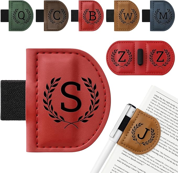 Personalized Bygone Mark Bookmark with Pen Holder,Engraving Leather Magnetic Bookmarks Vintage 26 Letters Name Initials Text Book Marker Clips Gifts for Reading Book Lovers Women (Red, S)