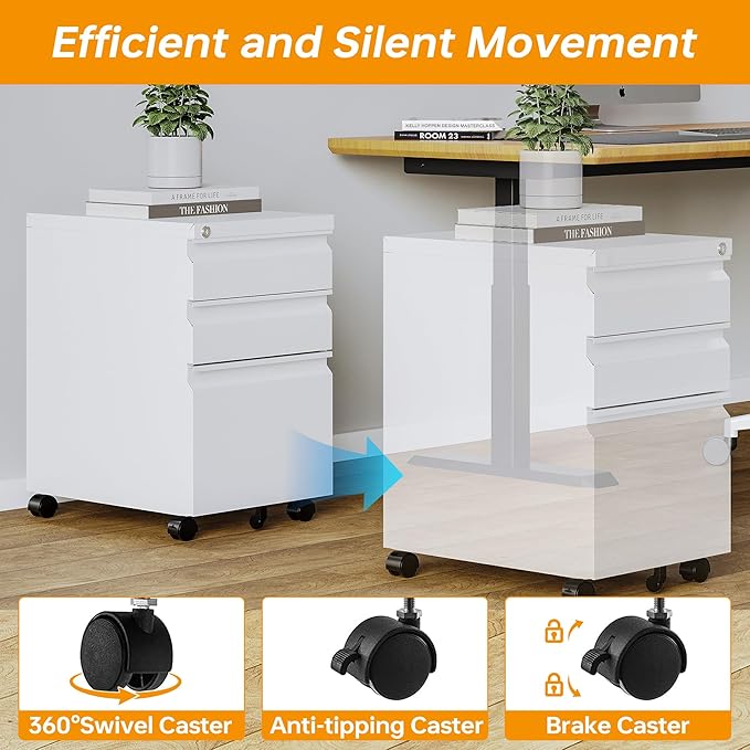 STANI Mobile File Cabinet with Lock Under Desk 3 Drawer Metal Filing Cabinet Locking Office Mobile Cabinet with Wheels Under Desk Office Drawers Rolling Mobile File Cabinet Fully Assembled