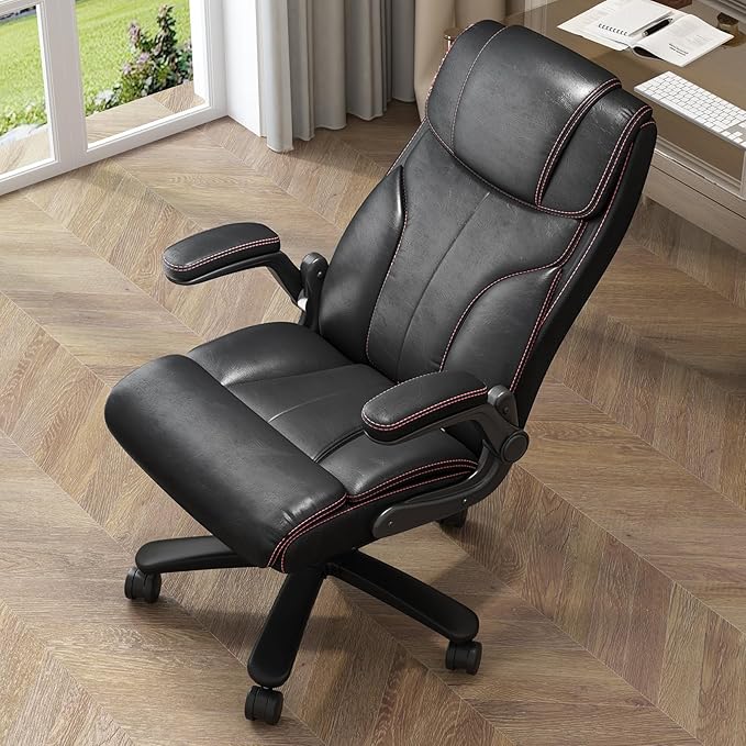 Office Chair Big and Tall 400lbs, High Back Executive Office Chair Flip Up Arms, Breathable Leather Home Office Computer Desk Chair with Lumbar Support Rocking Function, Black