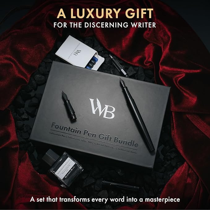 Wordsworth & Black Fountain Pen Set, 18K Gilded Medium and Extra Fine Nib, 25ML Black Ink Bottle, 6 Ink Cartridges,Refill Converter,Gift Box,Smooth Writing Pens [All Black],Gift Set for Men and Women
