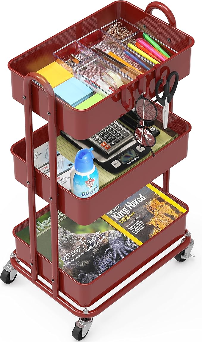 Simple Houseware Heavy Duty 3-Tier Metal Utility Rolling Cart, Red