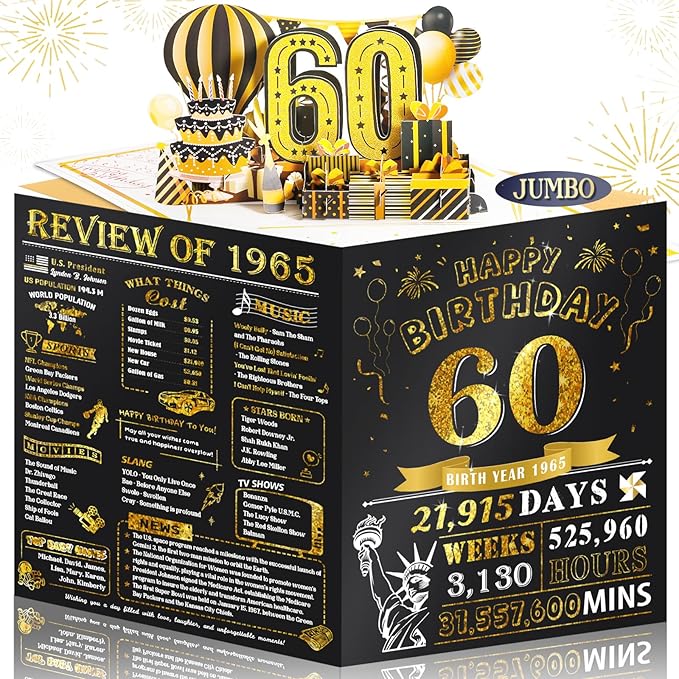 60th Birthday Card for Men Husband, Jumbo Pop Up 60 Year Old Birthday Cards for Women Men, Happy 60th Gifts for Him Her, Jumbo 60 Year Old Birth day Card, Review of 1965, Black Gold (8''x10'')