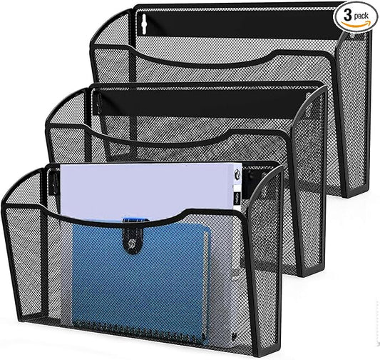 3 Pack Mesh Hanging Wall File Holders, Vertical Mounted File Holder, Wall Basket Mail Organizer for Office, Home and School
