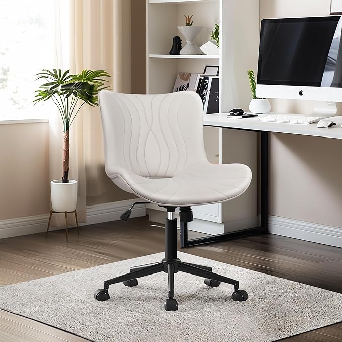 Office Chair, Armless Desk Chair with Wheels, Ergonomic Comfy Home Office Computer Task Chairs, Faux Leather Padded Cute Vanity Chair, Adjustable Height Swivel Chair with Back,White