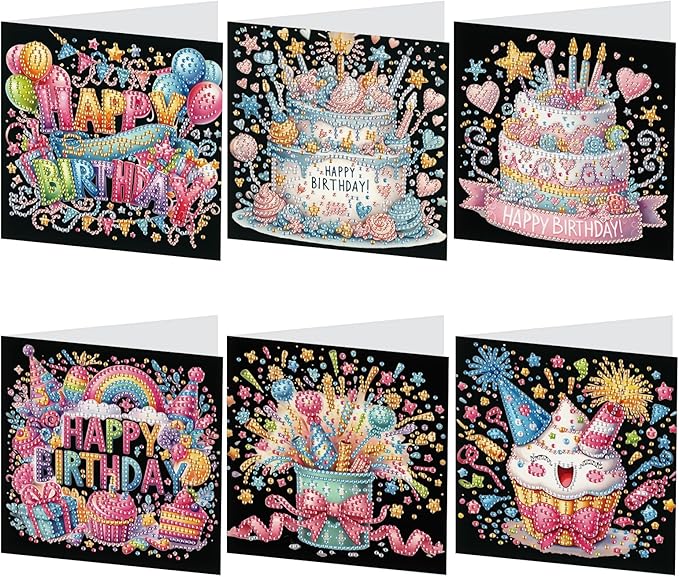 6 Pcs 5D Diamond Painting Greeting Card Kits, Laser Effect Diamond Art Birthday Cards Special Shaped Diamond Art Postcards Crafts for Birthday Holiday (30x15cm)