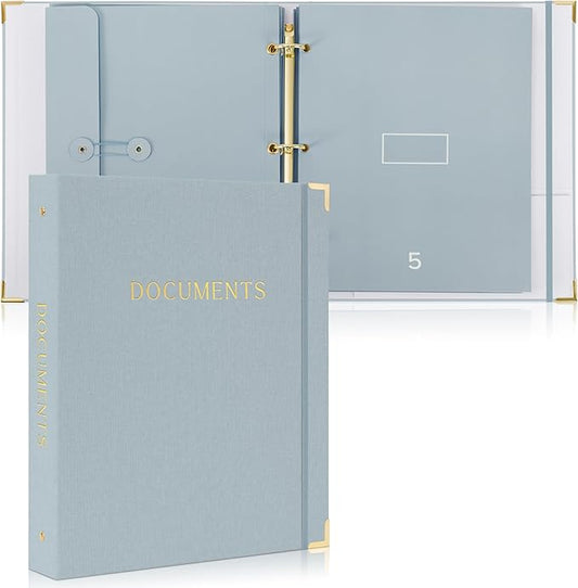 Aesthetic Document Organizer - Sturdy Linen 3-Ring Binder Safely Stores All Your Important Documents and Files in One Place - Easy to Use Expanding Storage Folder Incl. Envelopes, Pockets & Labels