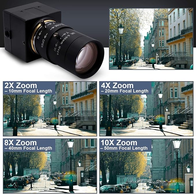 SVPRO 2MP USB Web Camera - 5-50mm 10X Optical Zoom Lens, CS Mount, 1080P HD CMOS, 100fps/60fps, UVC Mini Cam OTG, Drive Free PC Webcam