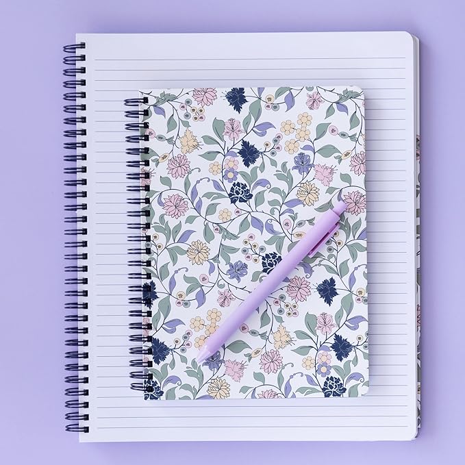 Steel Mill & Co Cute Floral Mini Spiral Notebook, 8.25" x 6.25" Journal with Durable Hardcover and 160 Lined Pages, Purple Vine Ditsy