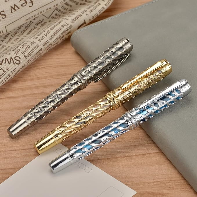Hongdian A6 Piston Fountain Pen Extra Fine Soft Nib, Silver Blue Hollow Skeleton & Resin Pen with Metal Case Set