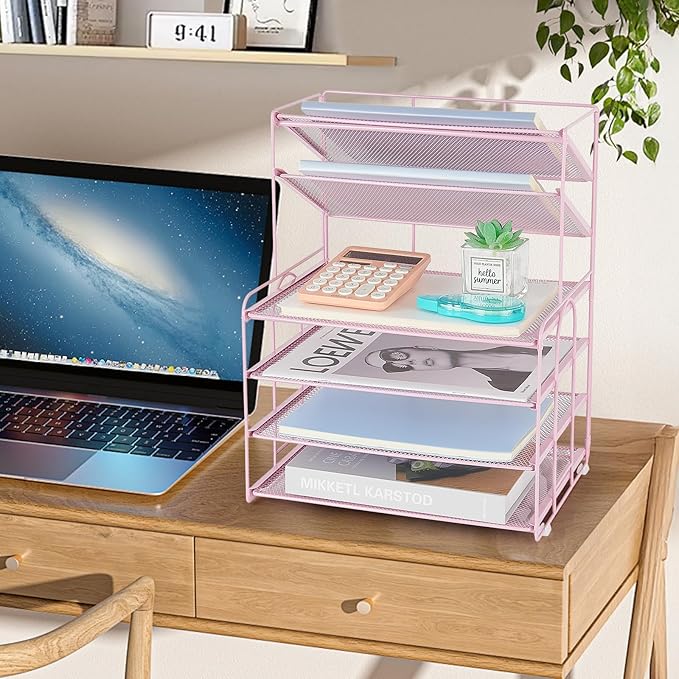 6-Tier Letter Tray Paper Organizer, Desk Organizers and Accessories, Desktop File Organizer, Office Desk Accessories for Office Supplies(Pink)