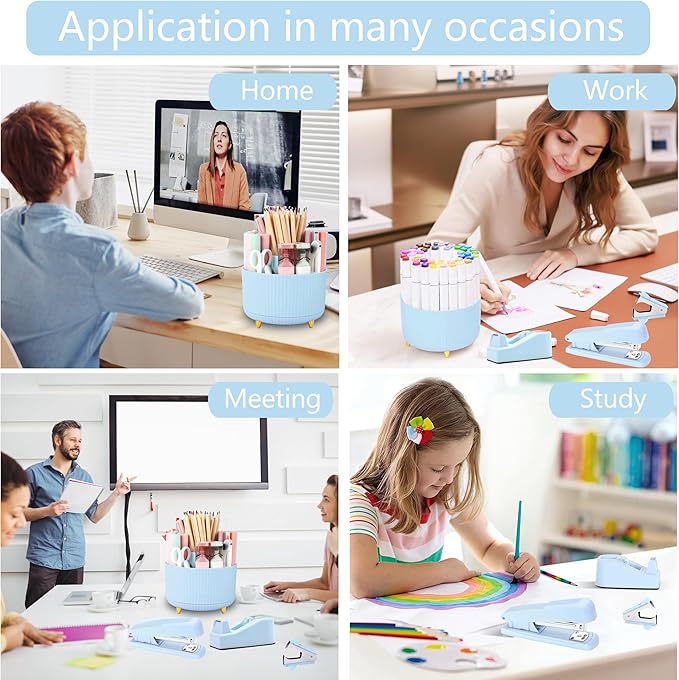 Blue Desk Accessories, Blue Office Supplies 360°Pen Holder Desk Organizers and Accessories with Tape Dispenser, Stapler, Staple Remover, 1000 Staples, Tape, Clips Set, Ruler, Scissor, Pen