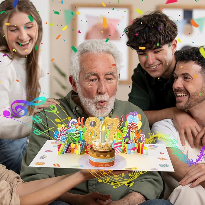 Gumry 87TH Musical Birthday PopUp Card, Blowable Colorful Light Candle 3D Cards with Song, Applause Cheers Sound, Greeting Cards Birthday Gifts Decorations for Women Men Turning 87 Years Old
