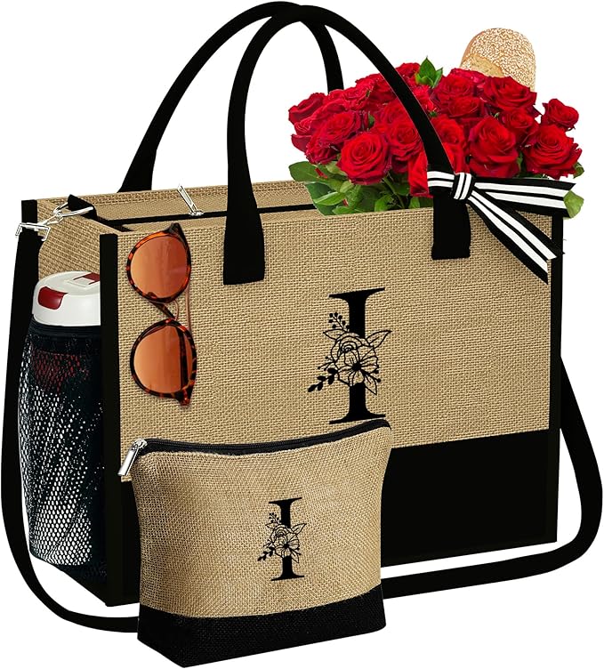 YOOLIFE Christmas Gifts for Women, Initial Jute Tote Bag with Zipper Grandma Mom Bride Teacher Gifts Birthday Gifts for Women