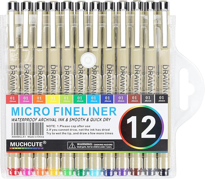 Muchcute 01 Micro Fineliner Drawing Art Pens: 12 Colors 0.25mm Extra Fine Point Bible No Bleed Smooth Journal Zentangle Study Supplies Colored Waterproof Line Ultra Needle Tip Fine liner Thin Gel Felt