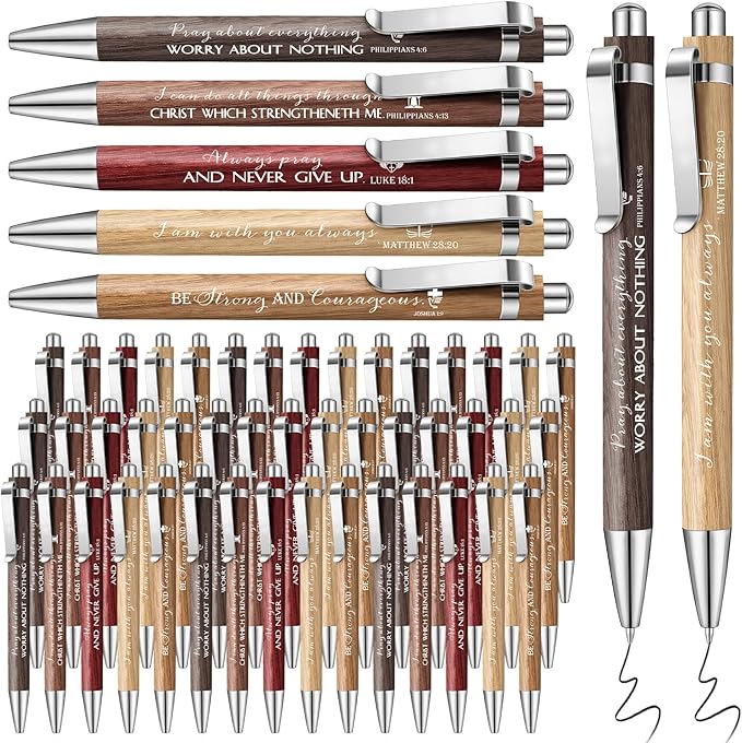 50 Pack Bible Verse Bamboo Retractable Ballpoint Pens Christian Inspirational Bible Verse Ballpoint with Black Ink Pen for Journal Writing Office Supplies Religious Gifts for Men Women(Wood Color)