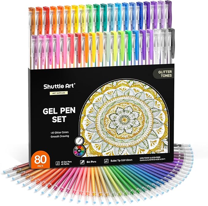 Shuttle Art 80 Pack Glitter Gel Pens, 40 Colors Glitter Gel Pens Set with 40 Refills for Adults Coloring Books Drawing Crafts Scrapbooking Journaling