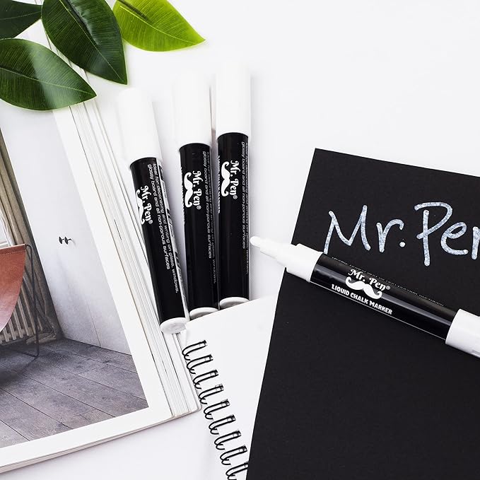 Mr. Pen- White Chalk Markers, 4 Pack, Dual Tip, 8 Assorted Colors, For Non-Porous Surfaces, Reversible Chisel and Bullet Tip