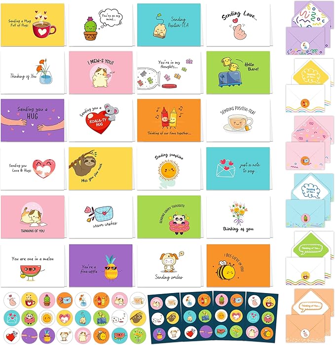 Decorably 24 Pack Assorted 6x4in Funny Thinking of You Cards with Envelopes and Stickers, 24 Unique Fun Designs Funny Cards with Printed Message Inside