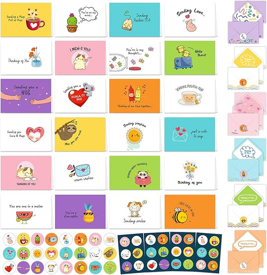 Decorably 24 Pack Assorted 6x4in Funny Thinking of You Cards with Envelopes and Stickers, 24 Unique Fun Designs Funny Cards with Printed Message Inside