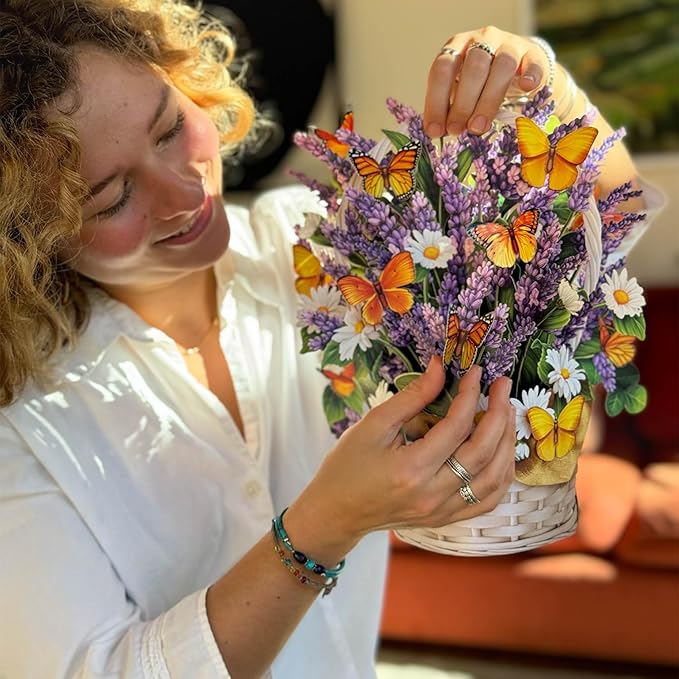 Freshcut Paper Pop Up Cards, Lavender & Butterflies, 12 Inch Life Sized Forever Flower Bouquet 3D Popup Greeting Card, Birthday & Thank You Card, Blank Notecard & Envelope