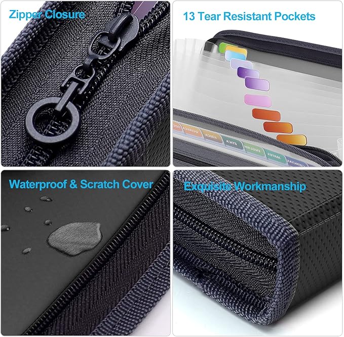 MEGREZ Expanding File Folder with 13 Pockets, 2 Pack A4 Paper File Folder with Zipper Color Labels, Waterproof Accordion File Folder Organizer for Home Office, Blue & Black