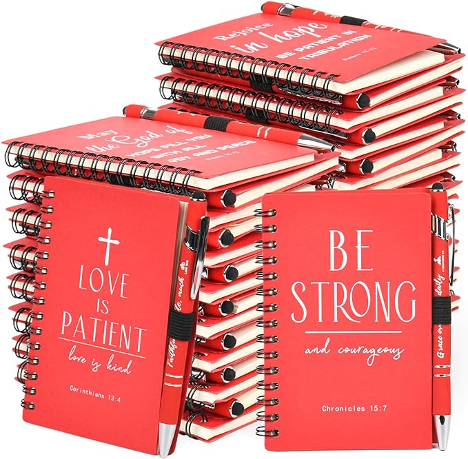 Christian Prayer Journal Spiral Red Notebooks Bulk with Pens- Small Notepads (4.13”x5.43”) - inspirational gifts for women, Church Members & Bible Study Groups (30 Sets Red)