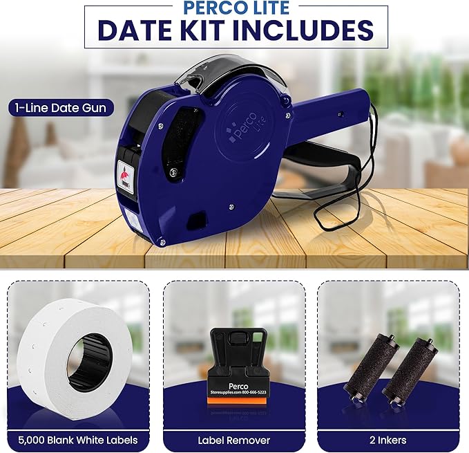Perco Lite 1 Line Dater Gun with Labels Kit - Includes 5,000 Blank White Labels, 2 Ink Rollers, 1 Ink roll and Labels Pre-Loaded