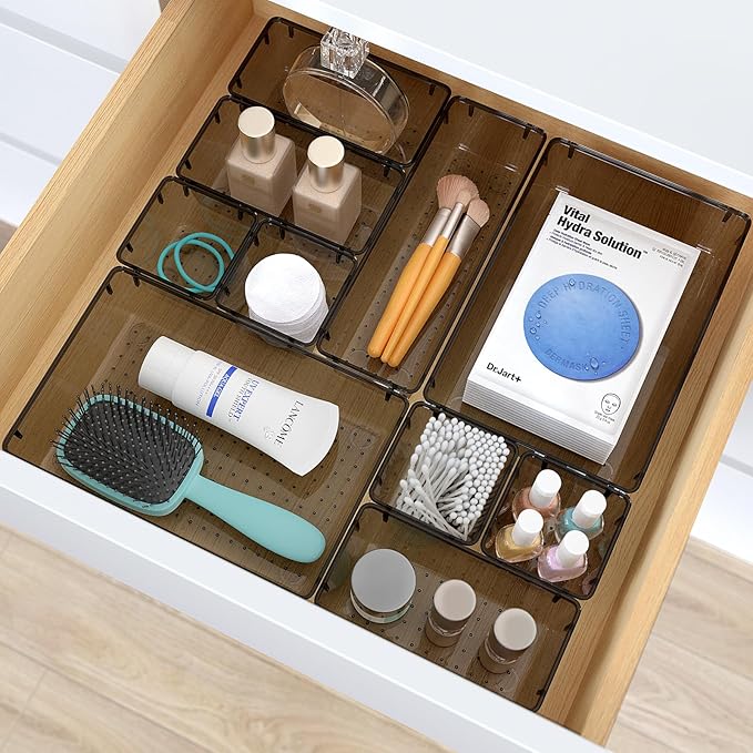 23 PCS Clear Plastic Drawer Organizers Set, 4 Size Desk Drawer Organizer Trays for Makeup, Jewelry, Kitchen Utensils, Gadgets and Office Accessories, Black