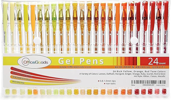 OfficeGoods Yellow Orange Red Gel Pens with Refills – Neon Journaling Art – Medium 0.8-1.0mm Tips – Non-Toxic Gel Pens Set – Quick Dry Smudge-Free 24 Pack Colors
