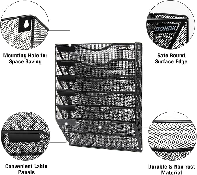Wall File Organizer, 6 Tier Hanging File Folder Mail Organizer, Vertical Mesh Metal Wall Mount Hanging File Holder, Paper Document Magazine Rack for Home Office Black