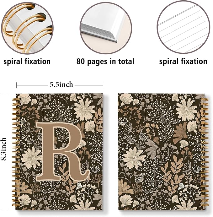 Initial R Personalized Journal Notebook, Boho Floral Journaling Notebooks for Women Girls, Costom Monogrammed Gifts for Women Mom Girls Friends, Letter Spiral Notebook, 5.5x8.3