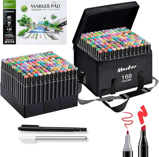 Alcohol Based Ink Art Markers, 168 Colors Broad&Fine Dual Tip Permanent Markers Pen Set for Professional Student Child Coloring Illustrations Sketch Drawing Painting Card Making (Black)