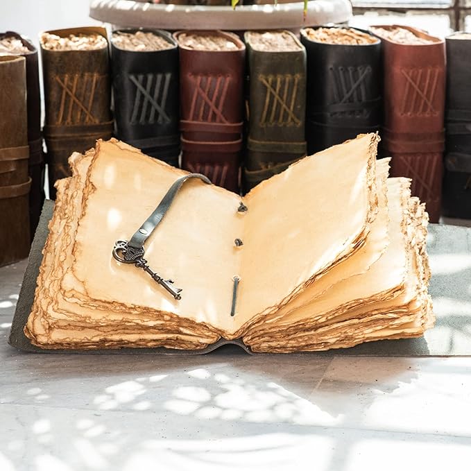 LEATHER VILLAGE Vintage Leather Journal – 200 Handmade Vintage Deckle Edge Paper – Leather bound Journal For Women Men – Vintage Key Closure - Book of Shadows - Turquoise - 6X4 inches (A6)