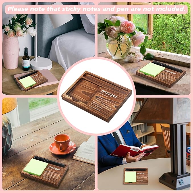 Principal Sticky Note Holder Wooden Notepad & Pen Holder 6.5" x 4.7" Sticky Note Pad Holder Dispenser for Desk Principal Definition Work Gifts, NPA186