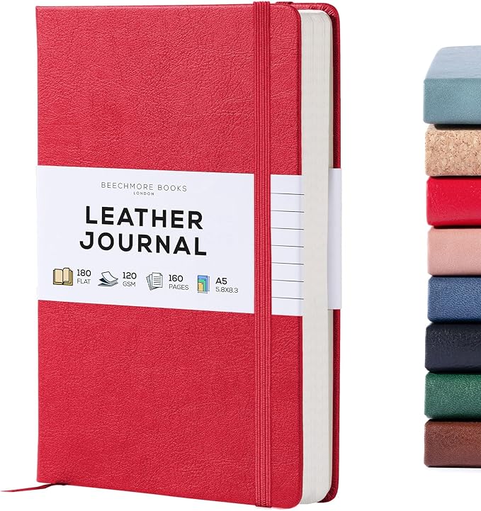 BEECHMORE BOOKS Lined Journal Notebook, 5.8 x 8.3 inch, A5 160 Lined Pages, Hardcover Leather Journals for Women, Men, Writing and Notebooks for Work - 120 GSM Thick Paper, Gifts Box Included