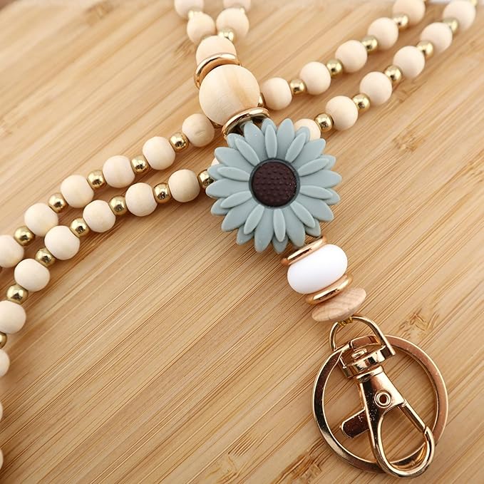 Wooden Teacher Lanyards for Id Badge Cute Flower Wood and Gold Beaded Lanyards for Women for Nurse Badge