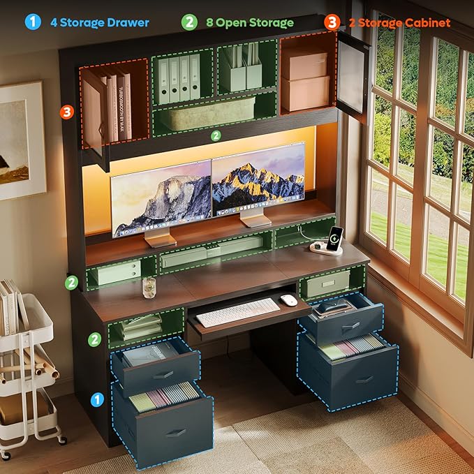 Bestier 77.8" H Executive Desk with Hutch, Modern Wood Computer Desk with Drawers, Charging Station, LED Light, Fluted Storage Cabinet, Keyboard Tray, 59" W Office Desk for Home Office, Black