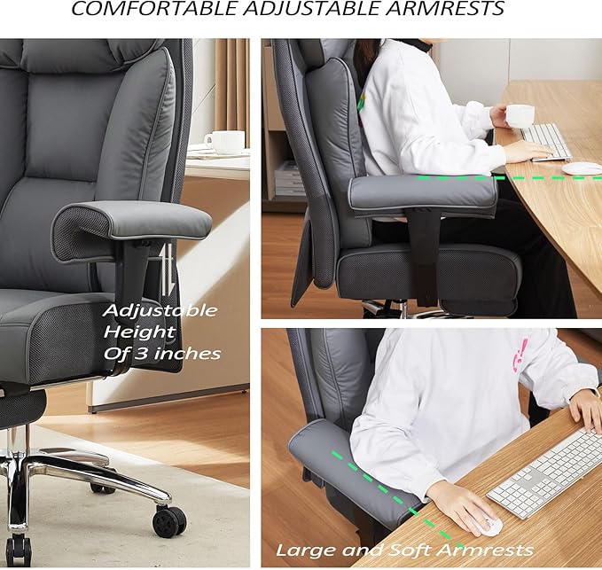 Efomao Big and Tall Office Chair 450LBS with Foot Rest, High Back PU Leather Executive Chair with Adjustable Padded Armrests, Lumbar Support for Home or Work, Heavy Duty Computer Chair, Grey