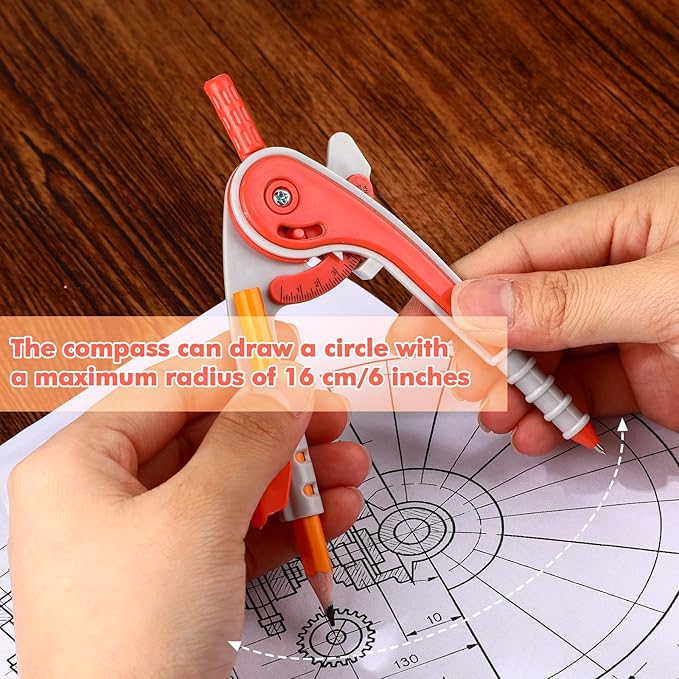 Zonon 1 Set Plastic Geometry Math Set 7 Pcs Includes 6'' / 4 '' Protractor, Drawing Compass, 45/60 Degree Triangle Rulers, 12'' / 6'' Math Ruler Transparent for Office Supplies(Orange)
