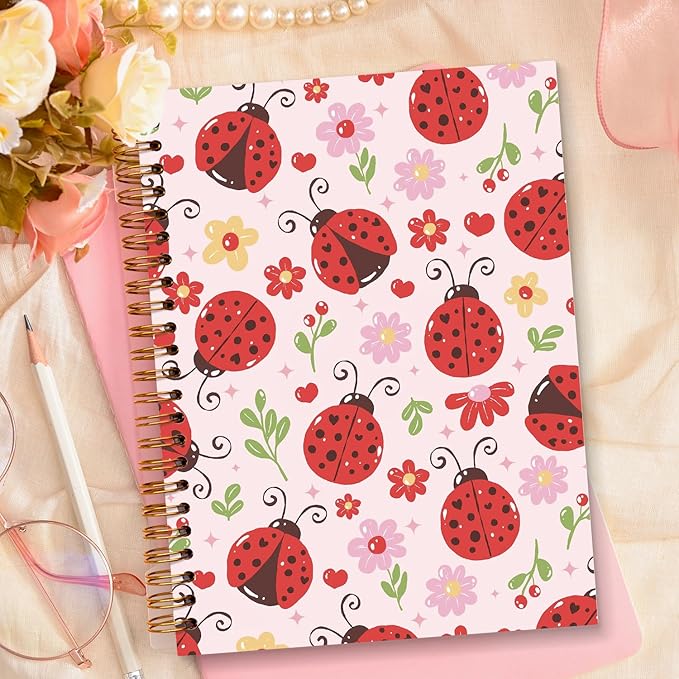 JXREQ Cute Pink Ladybug Floral Notebook Insects Journal for Women Note Taking Writing, Cute School Office Supplies, Preppy Aesthetic Spiral Notebooks 5.5x8.3
