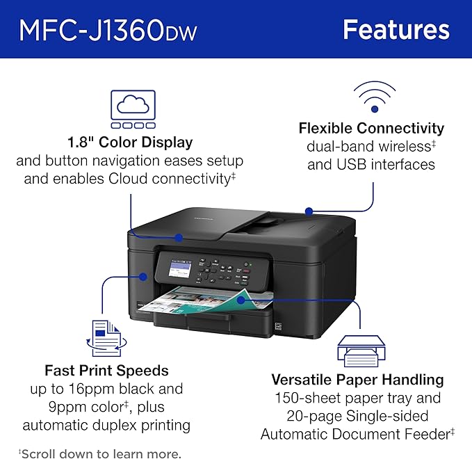 Brother Work Smart 1360 Wireless Color Inkjet All-in-One Printer with Automatic Duplex Printing and 1.8” Color Display | Includes Refresh Subscription Trial(1) (MFC-J1360DW) (Uses LC501 Series Inks)