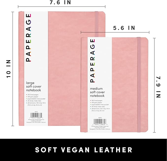 PAPERAGE Softcover Lined Journal Notebook (Blush), 176 Pages, Large B5 College Ruled Notebook, 7.6 inches x 10 inches - 100 GSM Thick Premium Paper, Soft Vegan Leather Journal for Home, Work & School