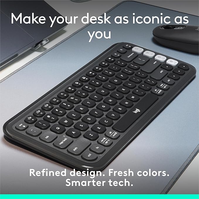 Logitech POP ICON Keys Wireless Bluetooth Keyboard, Comfortable Typing, Programmable Keys, Easy-Switch Between up to 3 Devices, for Laptop, Tablet, PC – Graphite and White