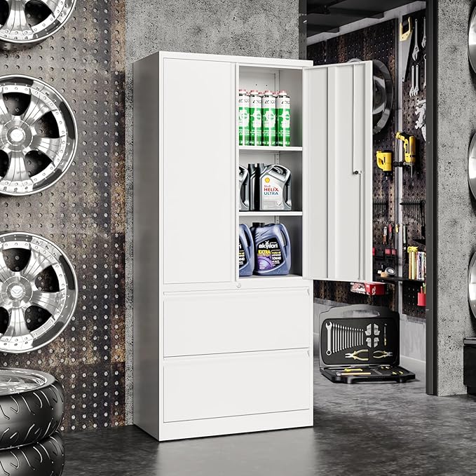 Metal Steel Storage Cabinets with Lockable Drawers and Doors Lateral File Cabinets Steel Metal Filing Lockers for Home Office Hanging Files Letter/Legal/F4/A4 Size