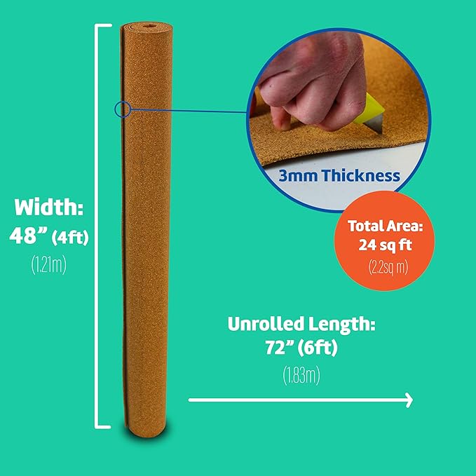 Flipside Products Cork Roll 4' x 6' x 3MM - DIY Bulletin Board, Wall Accent, Décor, Soundproofing, Cork Board Roll, Push Pin Display, Home, School, Office - Environmentally Friendly, Self-Healing