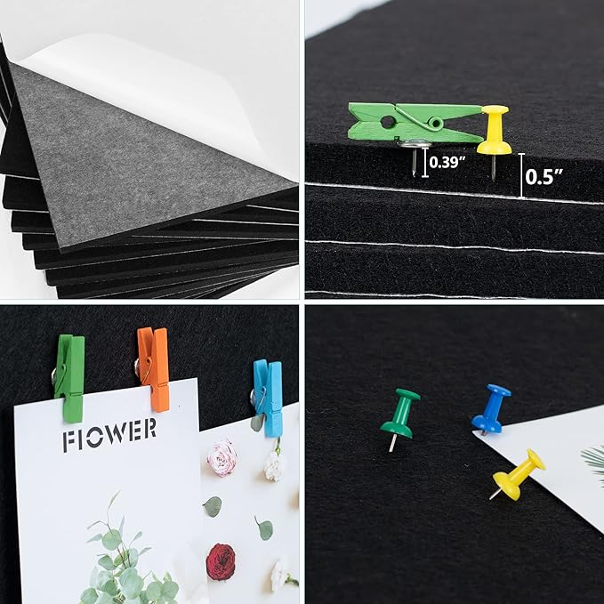 AKTOP Black Cork Bulletin Board 12x12, 1/2" Thick Felt Cork Board Tiles 12 Pack, Small Square Pin Board for Wall, Self Adhesive Corkboards with 120 Push Pin Wood Clips for School, Home & Office