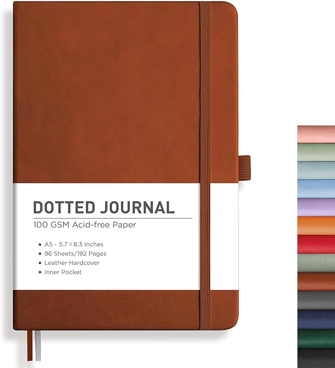 RETTACY Bullet Dotted Journal Notebook, 192 Pages, A5 Medium Size (5.7'' x 8.3''), Leather Hardcover, 100 GSM Thick Paper, for Bullet Journaling, Planning, Tracking (Brown)