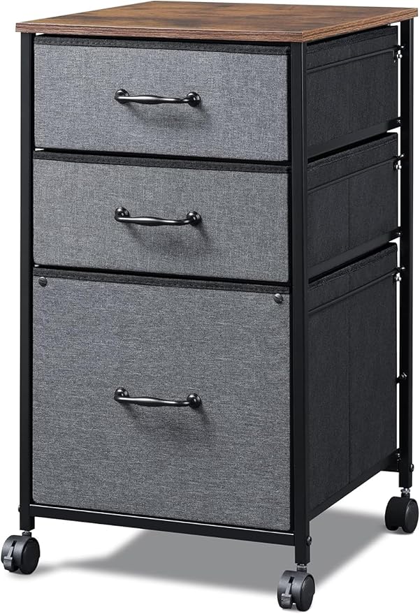DEVAISE Mobile File Cabinet, Rolling Printer Stand with 3 Drawers, Fabric Vertical Filing Cabinet fits A4 or Letter Size for Home Office, Rustic Brown