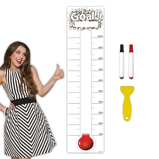 CLEVER CLEAN Goal Setting Fundrasing Thermometer - 48"x12" Dry Erase Self-Adhesive Goal Tracker - Poster Charts for Home, School and Office