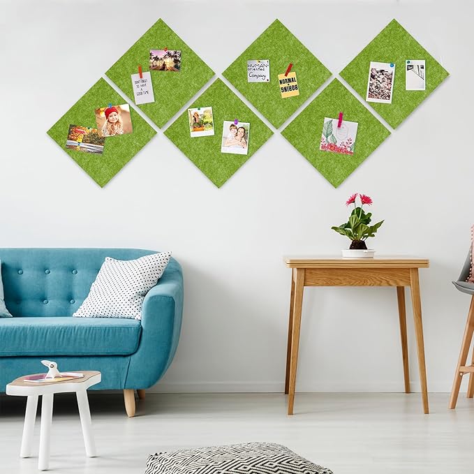 AKTOP Cork Bulletin Board 12x12, 1/2" Thick Felt Cork Board Tiles 12 Pack, Small Square Pin Board for Wall, Self Adhesive Corkboards with 120 Push Pin Wood Clips for School, Home & Office, Green